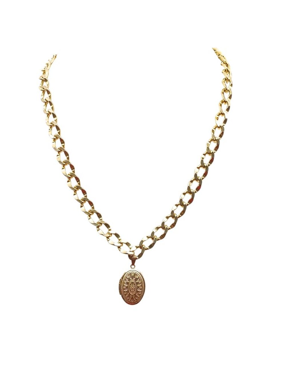 Gold-Tone Oval Locket Necklace With Chain Featuring Intricate Engraved Detailing
